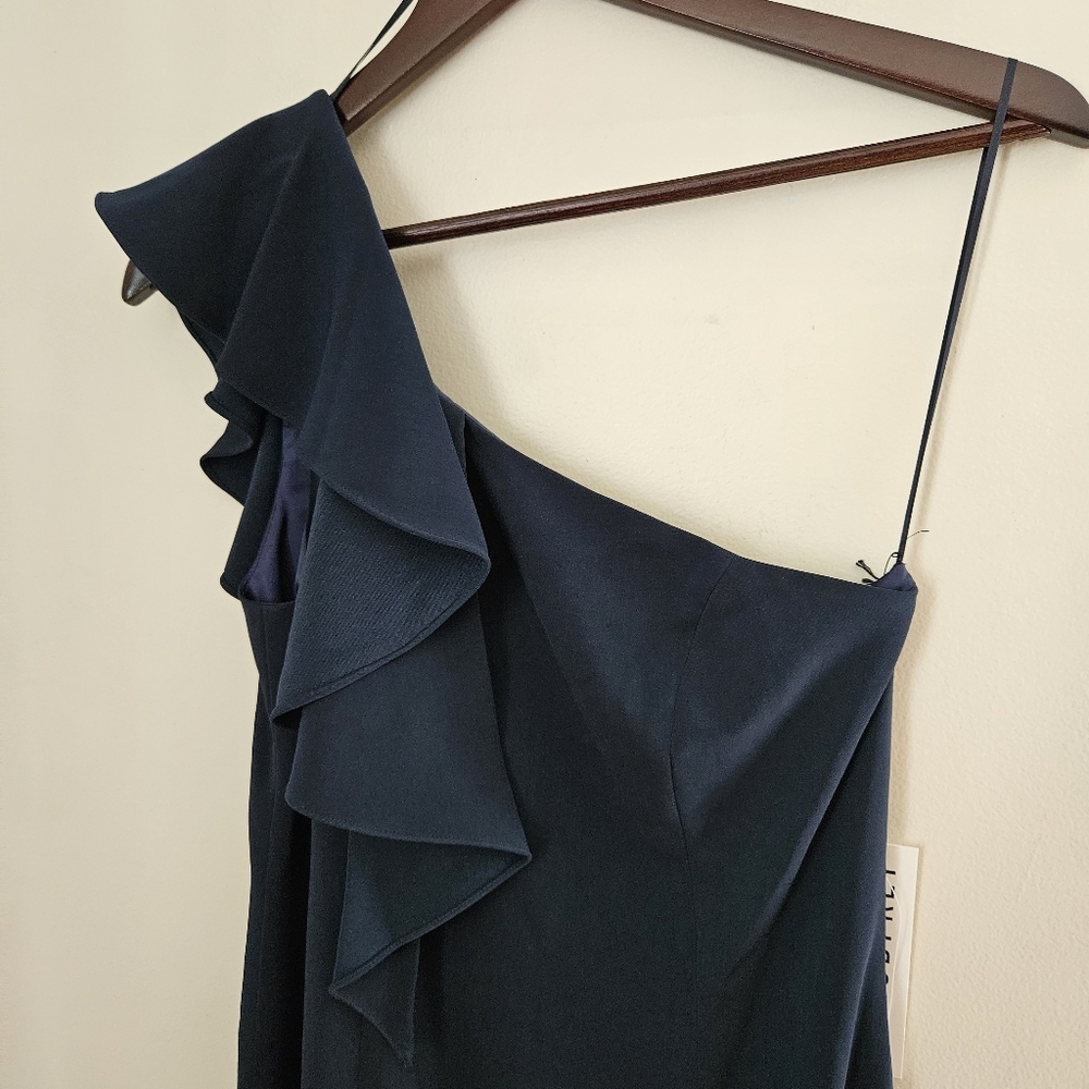 Jay Godfrey Osgood Gown Navy Blue One-Shoulder Dress Formal Ruffle Neutral Solid - Picture 3 of 13